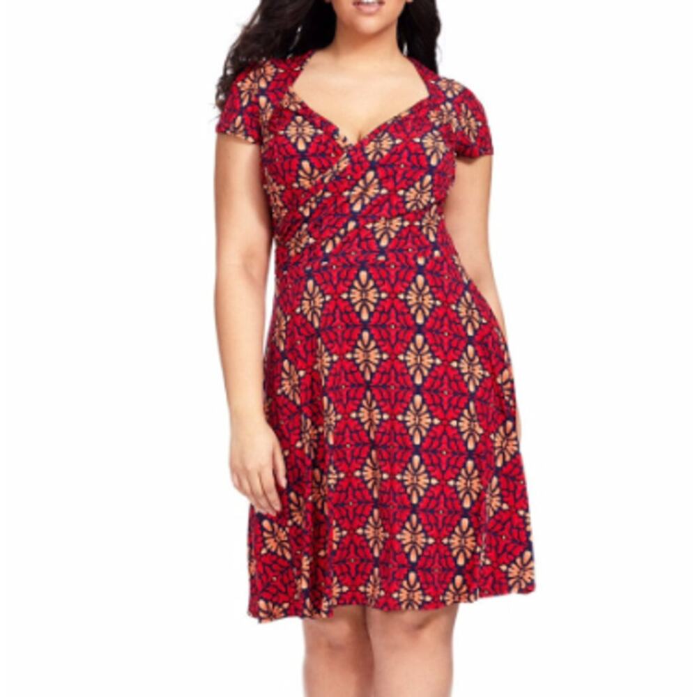 Leota Red Orange Lula Floral Print Short Sleeve Faux Wrap Dress Petite Large